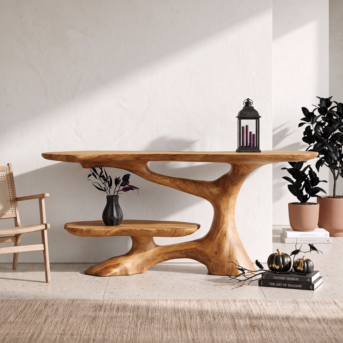 Handcrafted Solid Wood Console Table with Sculptural Branch Base and Floating Shelf