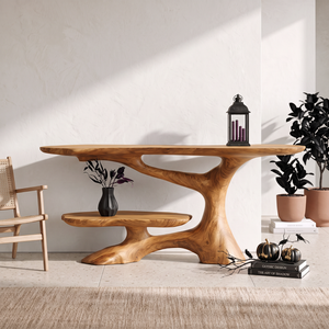 Handcrafted Solid Wood Console Table with Sculptural Branch Base and Floating Shelf