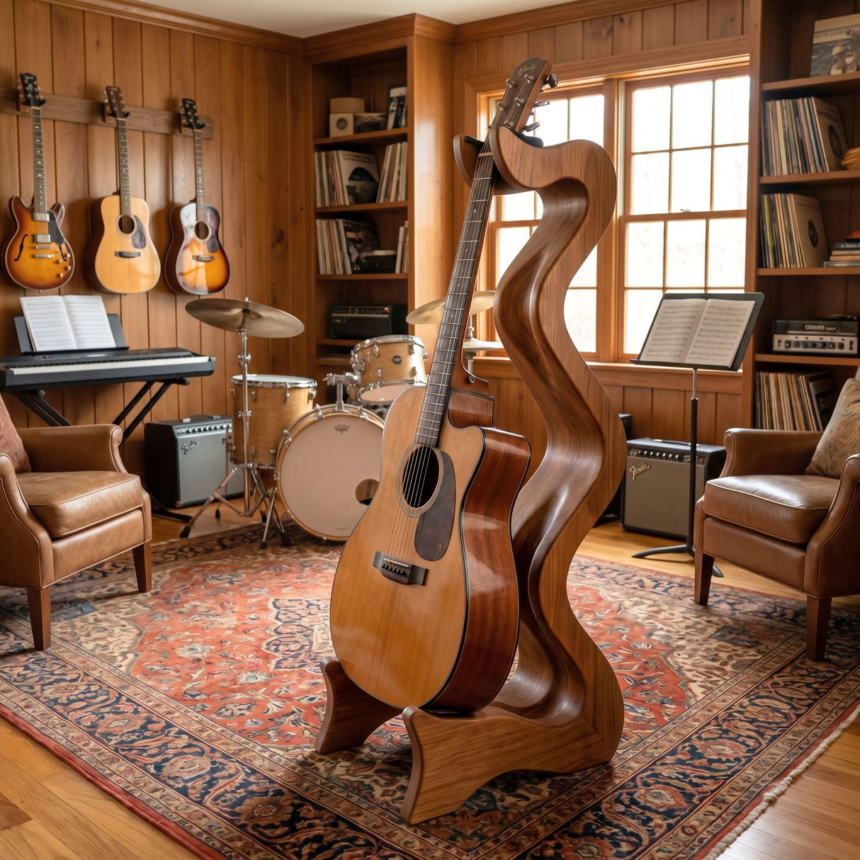 Sculptural Guitar Stand Handmade Wooden Guitar Holder Modern Artistic Floor Stand