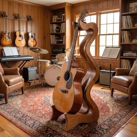 Wooden Guitar Stand with Sculptural Design for Floor Display