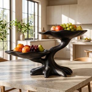 Sculptural Solid Wood Fruit Bowl with Two-Tier Organic Branch Base