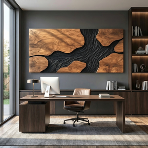 Sculptural Wood Wall Art Panel with Black Flowing Grain Form