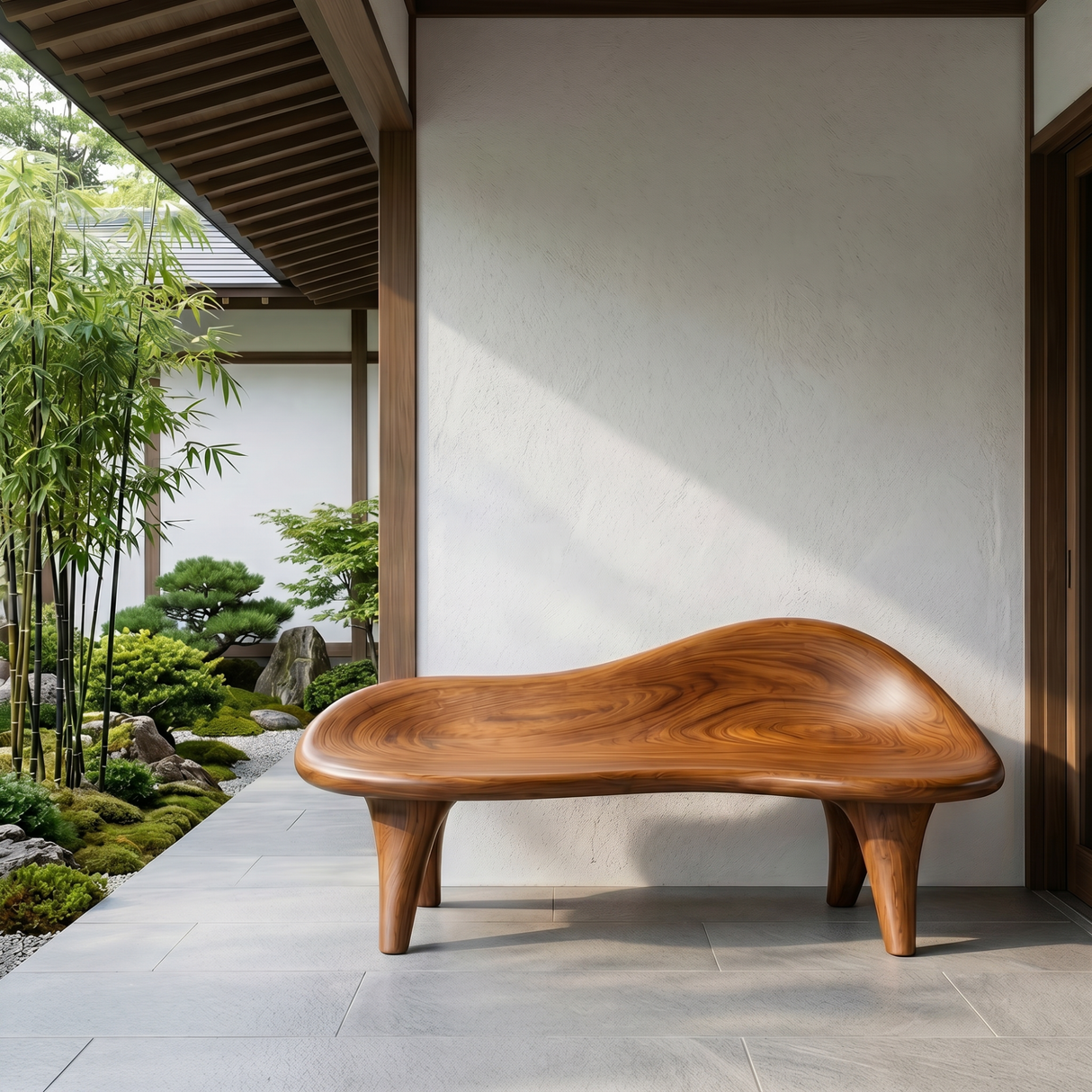 Handcrafted Organic Solid Wood Outdoor Bench with Sculptural Curved Seat