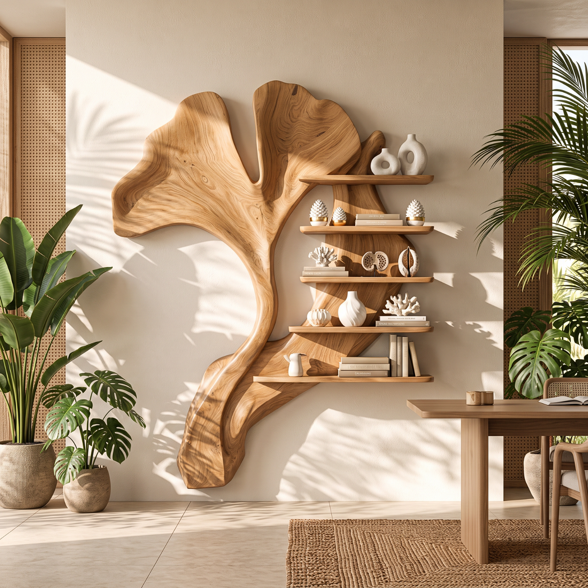 Ginkgo Leaf Solid Wood Wall Shelf with Sculptural Tiered Display Design