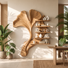 Ginkgo Leaf Solid Wood Wall Shelf with Sculptural Tiered Display Design