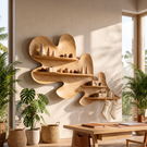 Organic Solid Wood Wall Shelf with Flowing Sculptural Leaf Design