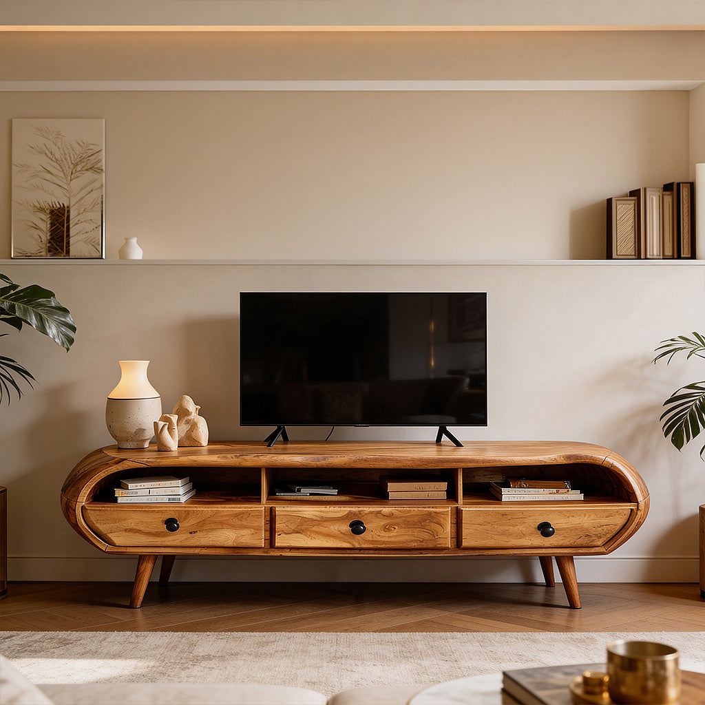 Organic Modern Curved Solid Wood TV Stand Handcrafted Natural Wood Media Console with Drawers