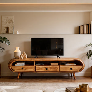 Organic Modern Curved Solid Wood TV Stand Handcrafted Natural Wood Media Console with Drawers
