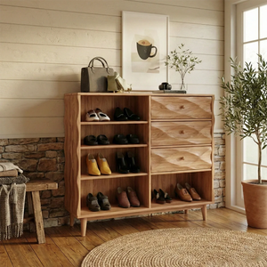 Modern Solid Wood Shoe Storage Cabinet with Drawers and Open Shelves Mid-Century Entryway Organizer