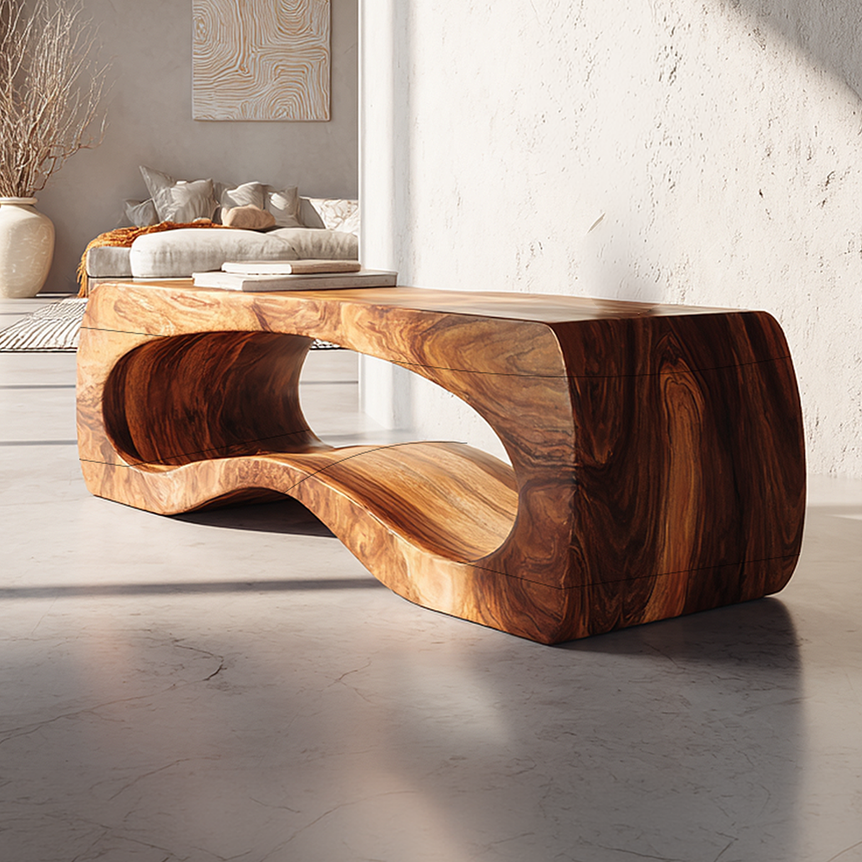 Organic Sculptural Solid Wood Bench with Curved Hollow Base