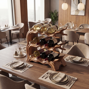 Tiered Solid Wood Wine Rack with Sculptural Wave Form Organic Bottle Holder Tabletop Display