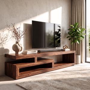 TV Console Solid Wood with Asymmetrical Open Shelf Frame for Living Room