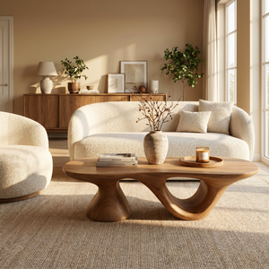 Solid Wood Coffee Table with Dual Sculptural Hollow Base