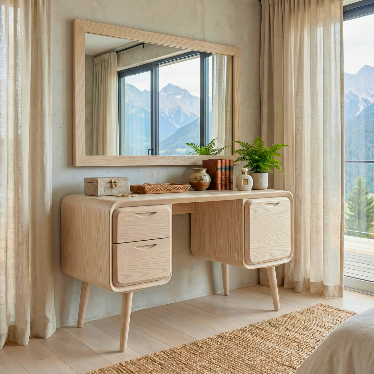 Rounded Solid Wood Vanity Table with Dual Side Drawers, Modern Dressing Table for Bedroom