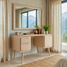 Rounded Solid Wood Vanity Table with Dual Side Drawers, Modern Dressing Table for Bedroom
