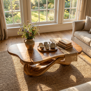 Handmade Solid Wood Coffee Table with Twisted Open Base and Smooth Rounded Top