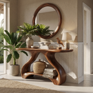 Organic Solid Wood Console Table with Sculptural Shelf Base