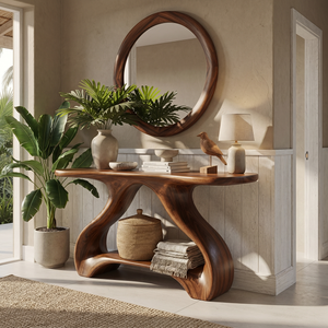 Organic Solid Wood Console Table with Sculptural Shelf Base