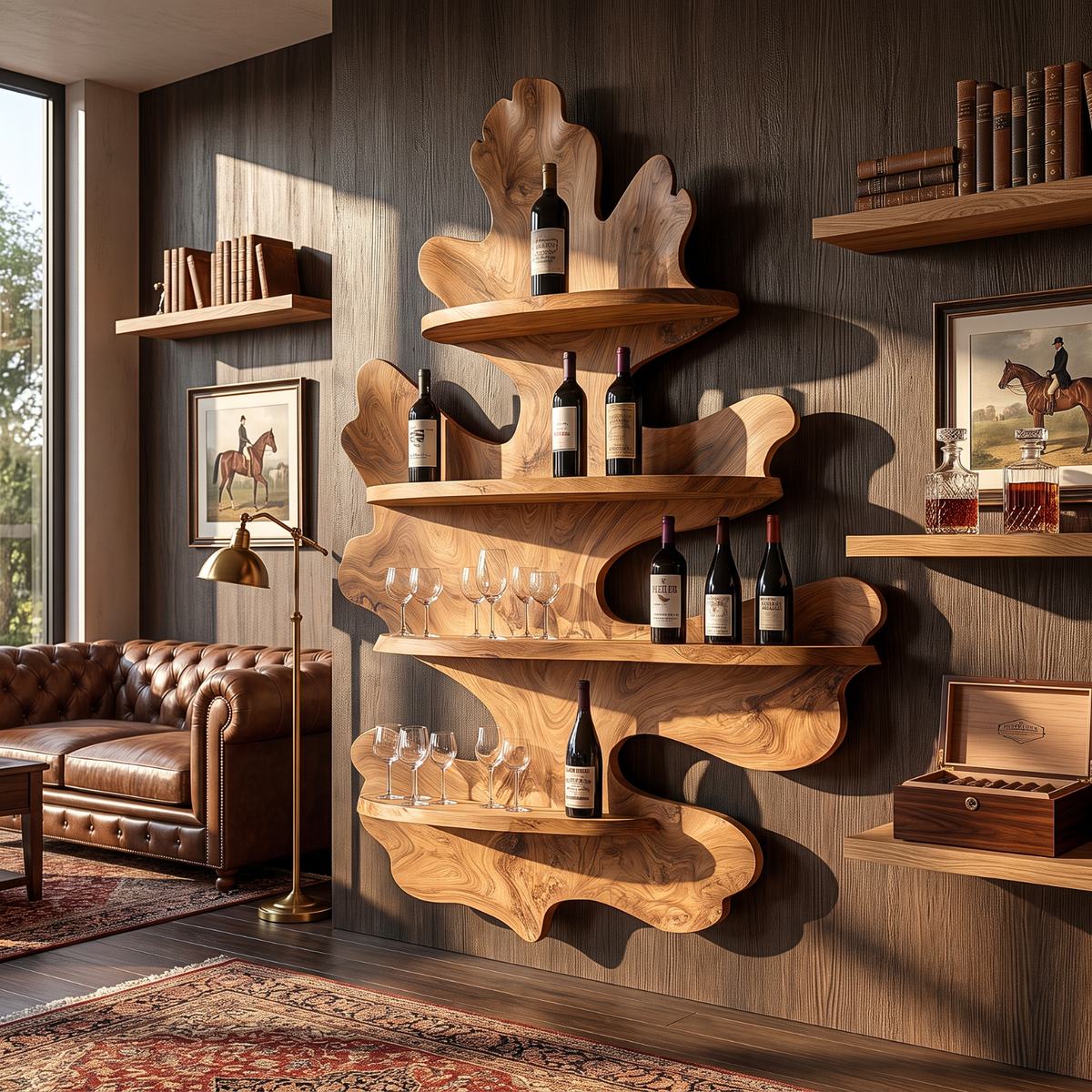 Sculptural Leaf Solid Wood Wall Mounted Wine Rack with Four Display Shelves
