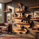 Sculptural Leaf Solid Wood Wall Mounted Wine Rack with Four Display Shelves