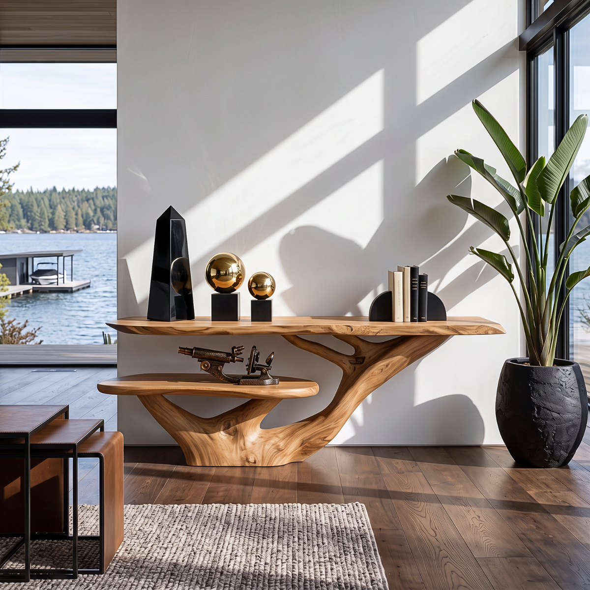 Console Table with Organic Branching Base and Floating Display Shelf