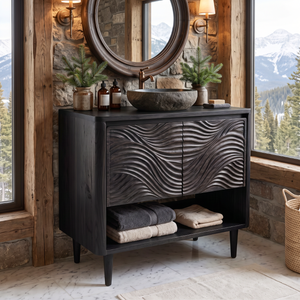 Bathroom Vanity Solid Wood with Carved Ripple Cabinet and Open Shelf for Powder Room