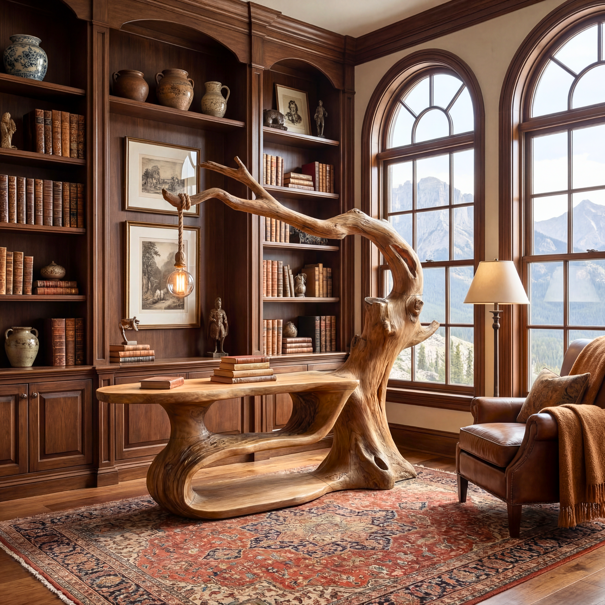 Sculptural Solid Wood Desk with Integrated Hanging Lamp, Organic Writing Table, Artistic Reading Nook Desk