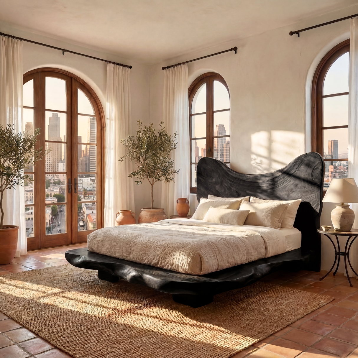 Sculptural Solid Wood Bed Frame with Organic Headboard