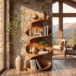 Twisted Wood Display Shelf with Tiered Open Shelves