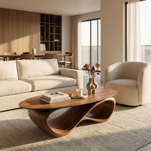 Solid Wood Coffee Table with Twisted Hollow Wave Base for Living Room