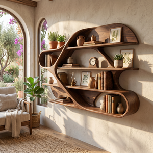 Organic Solid Wood Wall Bookshelf with Sculptural Open Shelves