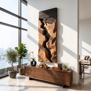 Abstract Solid Wood Wall Art with Freeform Canyon Relief and Dark Textured Background