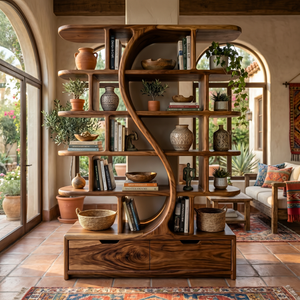 Organic Solid Wood Bookshelf with S Curve Divider and Base Drawers