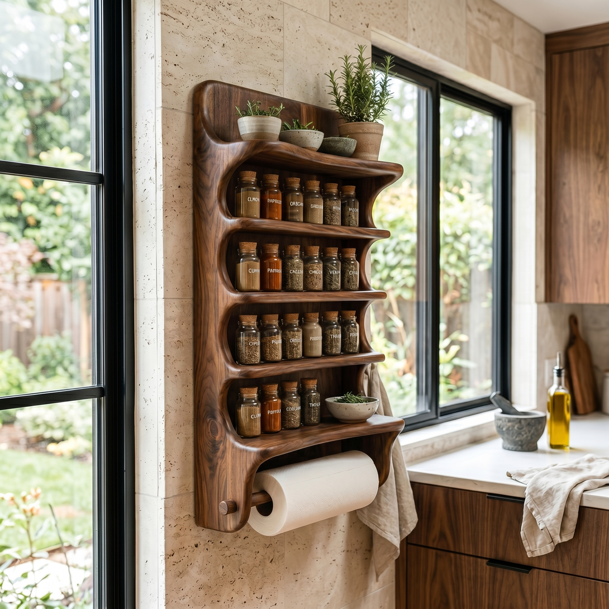 Solid Wood Wall Mounted Spice Organizer with Curved Shelves and Paper Towel Bar