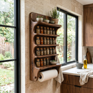 Solid Wood Wall Mounted Spice Organizer with Curved Shelves and Paper Towel Bar