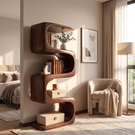 Bookshelf Solid Wood with Sculptural S Curve Shelves