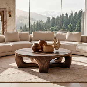 Round Solid Wood Coffee Table with Sculptural Open Base