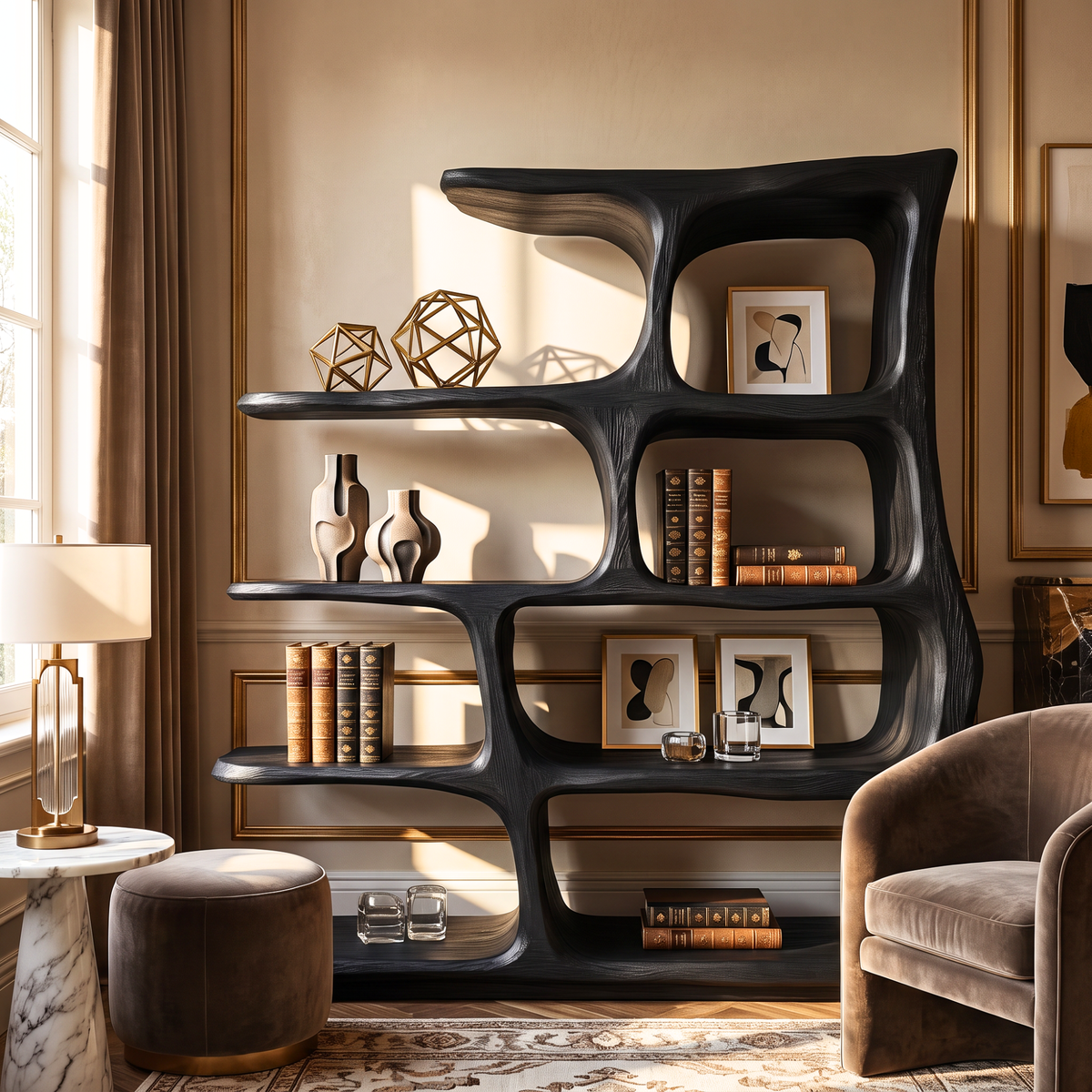 Freeform Solid Wood Bookcase with Rounded Open Shelves and Sculptural Frame