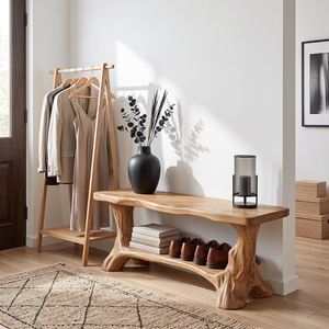 Sculptural Solid Wood Shoe Bench with Curved Supports and Open Storage Shelf