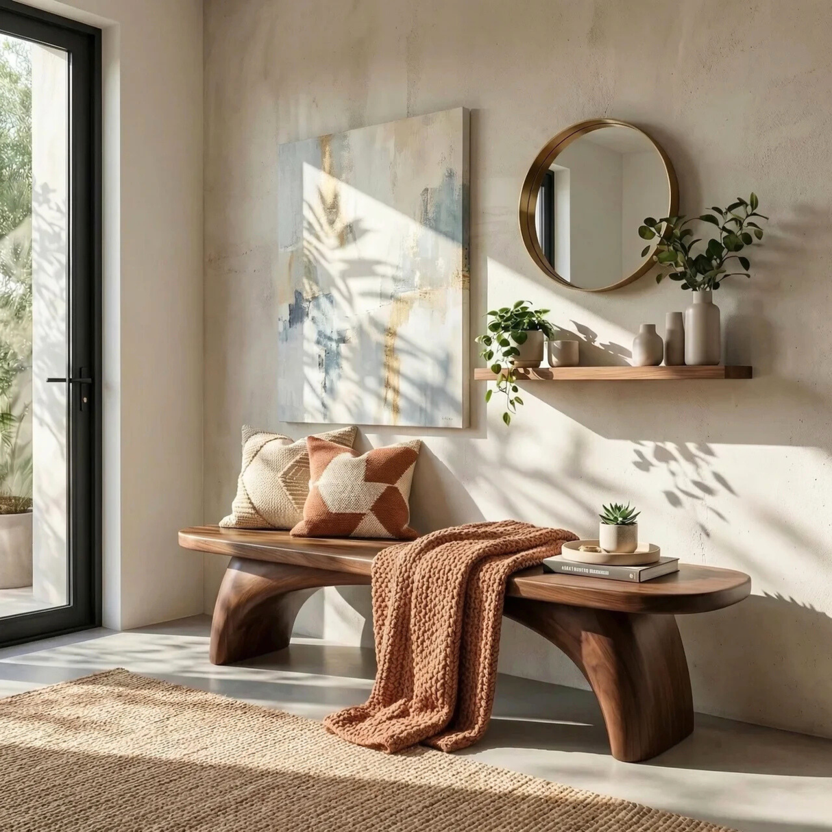 Organic Wood Bench with Sculptural Curved Legs for Modern Interiors