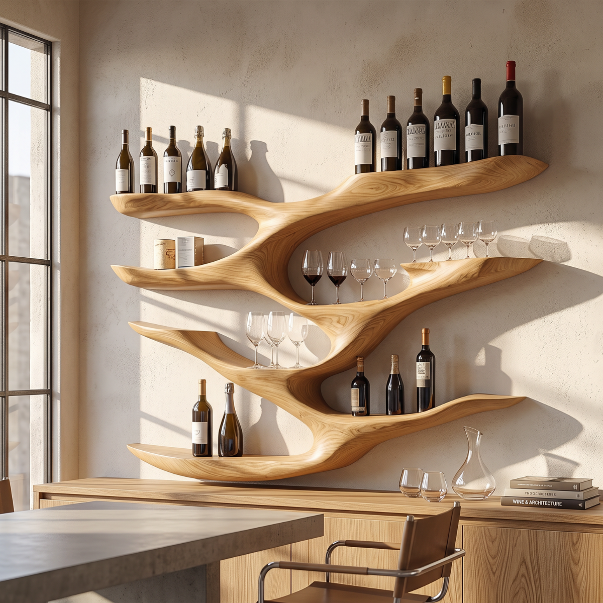 Interwoven Branch Solid Wood Wall Wine Rack for Wine Bottles and Glasses