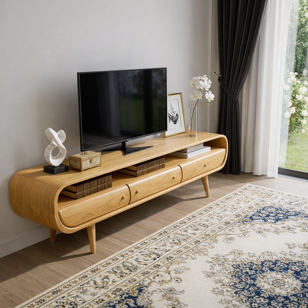 Mid-Century Solid Wood TV Console with Curved Frame