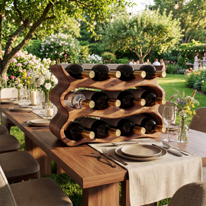 Wave Form Solid Wood Wine Rack Compact Sculptural Bottle Holder Multi Slot Tabletop Organizer