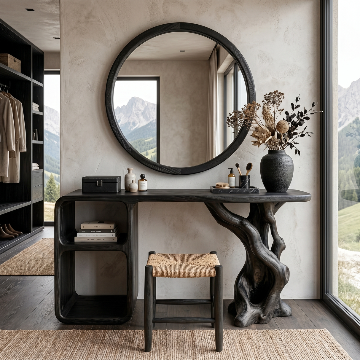 Sculptural Solid Wood Vanity Table with Organic Carved Base and Open Shelf Storage