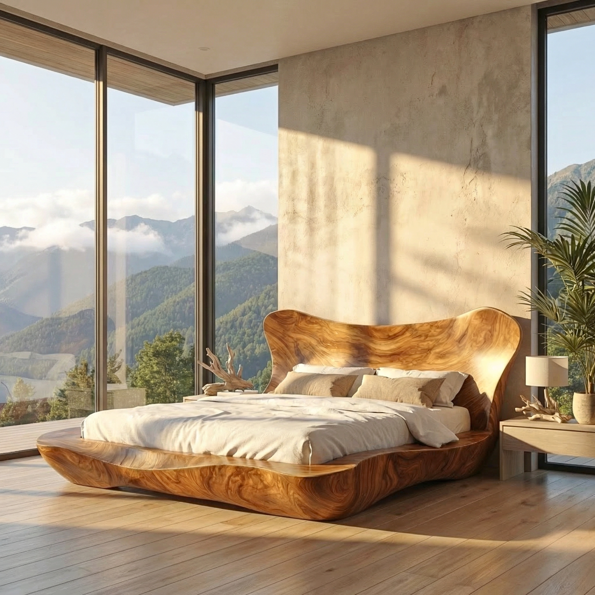 Sculptural Solid Wood Bed Frame with Curved Headboard for Modern Bedroom