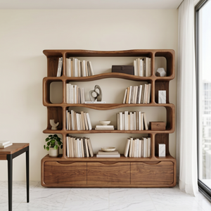 Solid Wood Bookshelf with Wavy Open Shelves and Storage Drawers