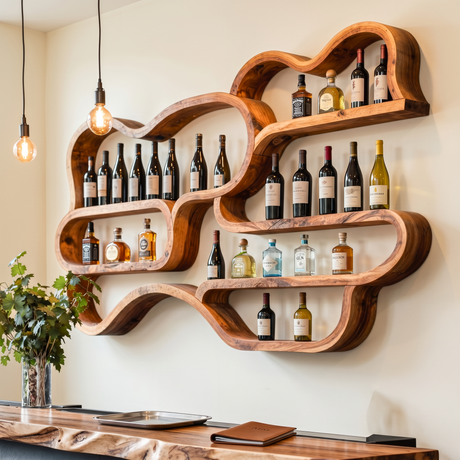 Organic Solid Wood Wall-Mounted Wine Rack with Flowing Shelves