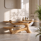 Console Table Solid Wood with Organic Multi Level Shelf Base for Entryway Decor