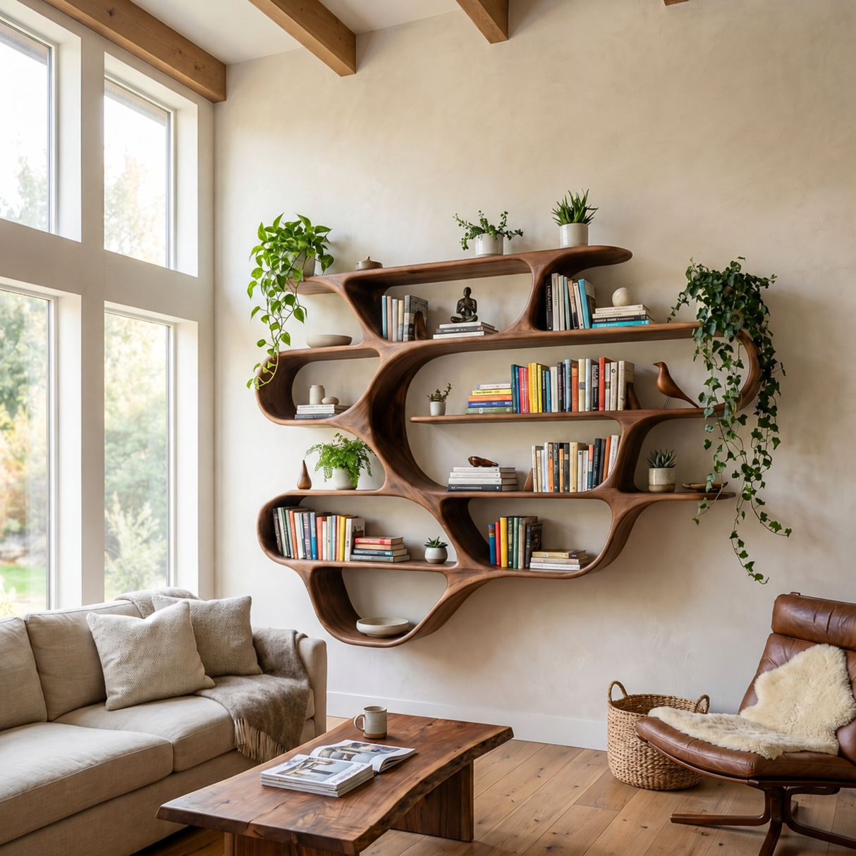 Large Organic Solid Wood Wall Bookshelf with Wave Shelf Compartments