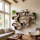 Large Organic Solid Wood Wall Bookshelf with Wave Shelf Compartments